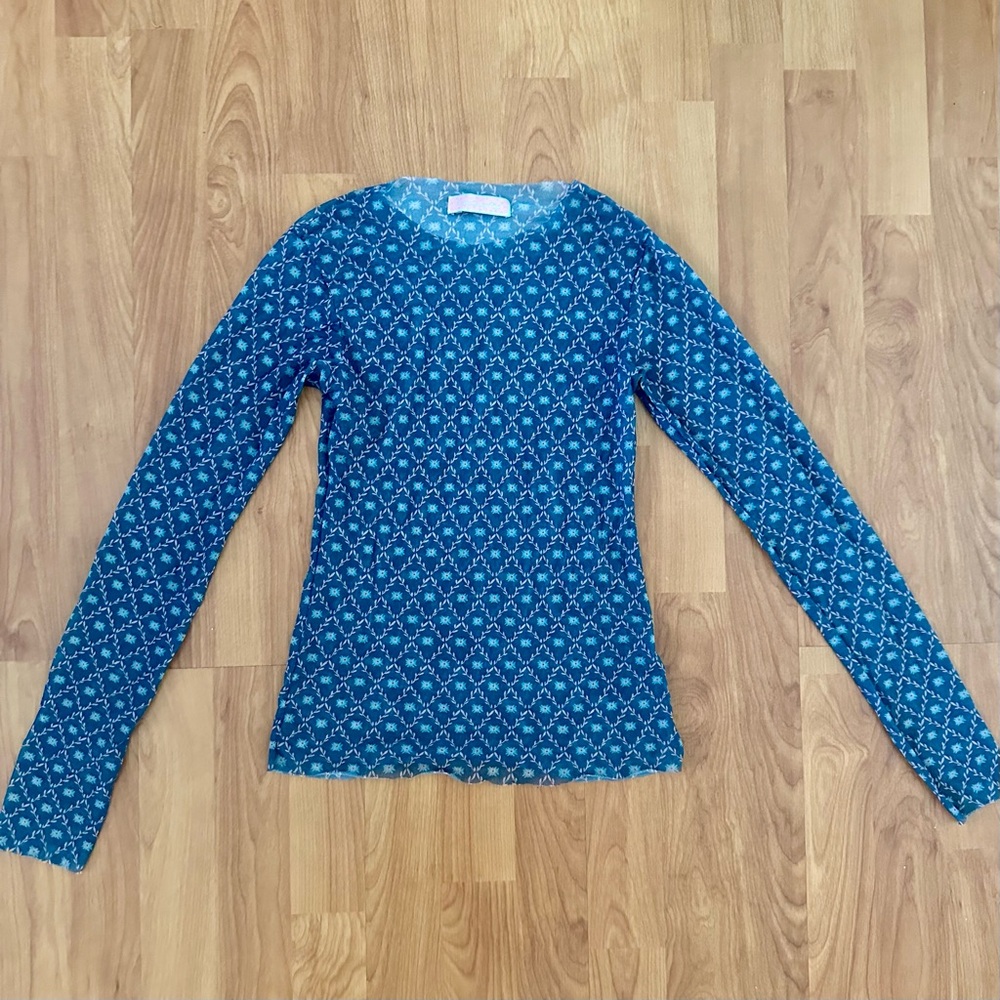 Rare vintage sheer Blue Patterned Long Sleeve Women's Top